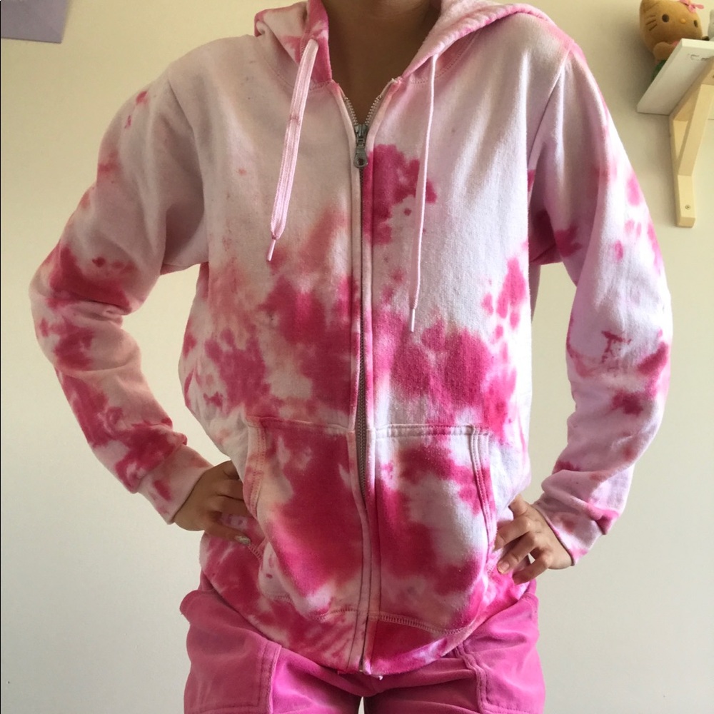 Pink tie dyed Gildan zip up hoodie